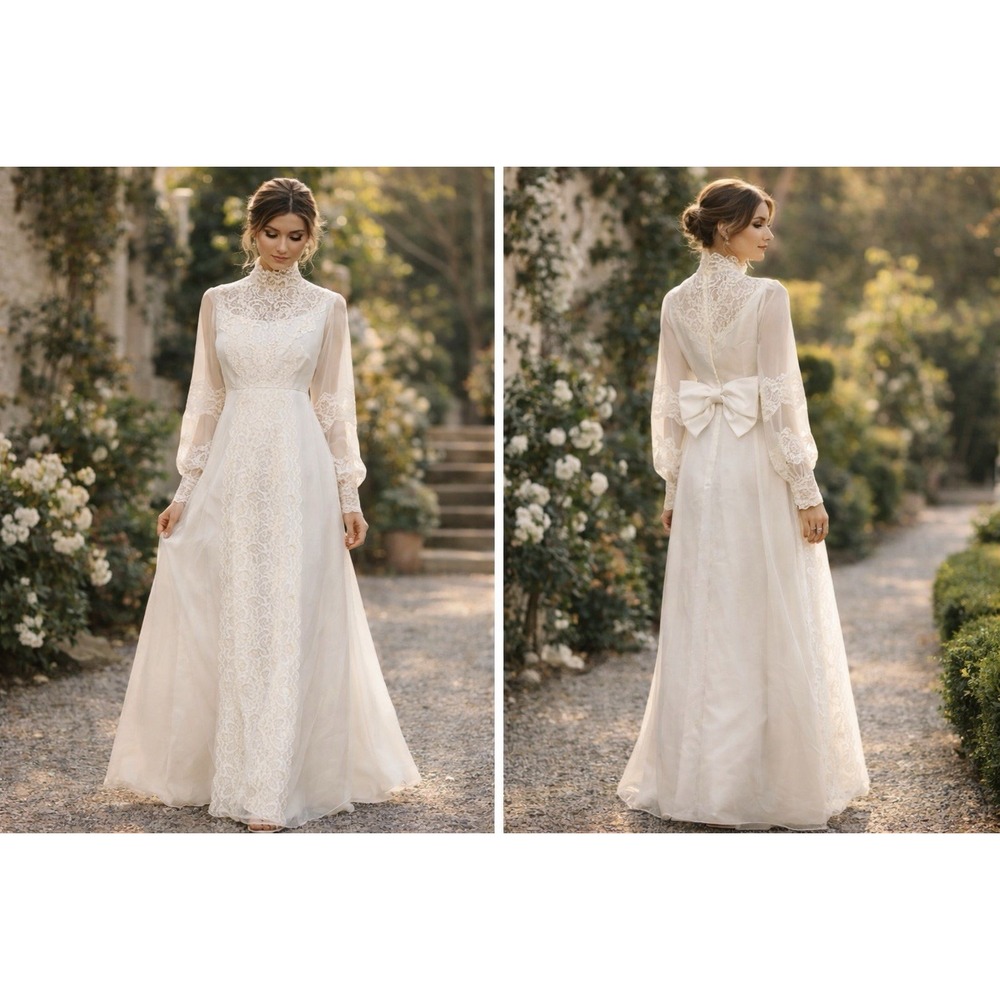 Vtg Bridal Originals Wedding Dress 12‎ Lace Trim Victorian Edwardian Bow Back